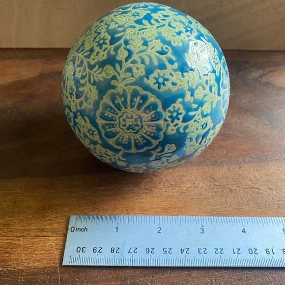 2 Carpet Ball Ceramic Pottery 4" Round Blue Floral Red Birds Glaze Decorative - Picture 11 of 11
